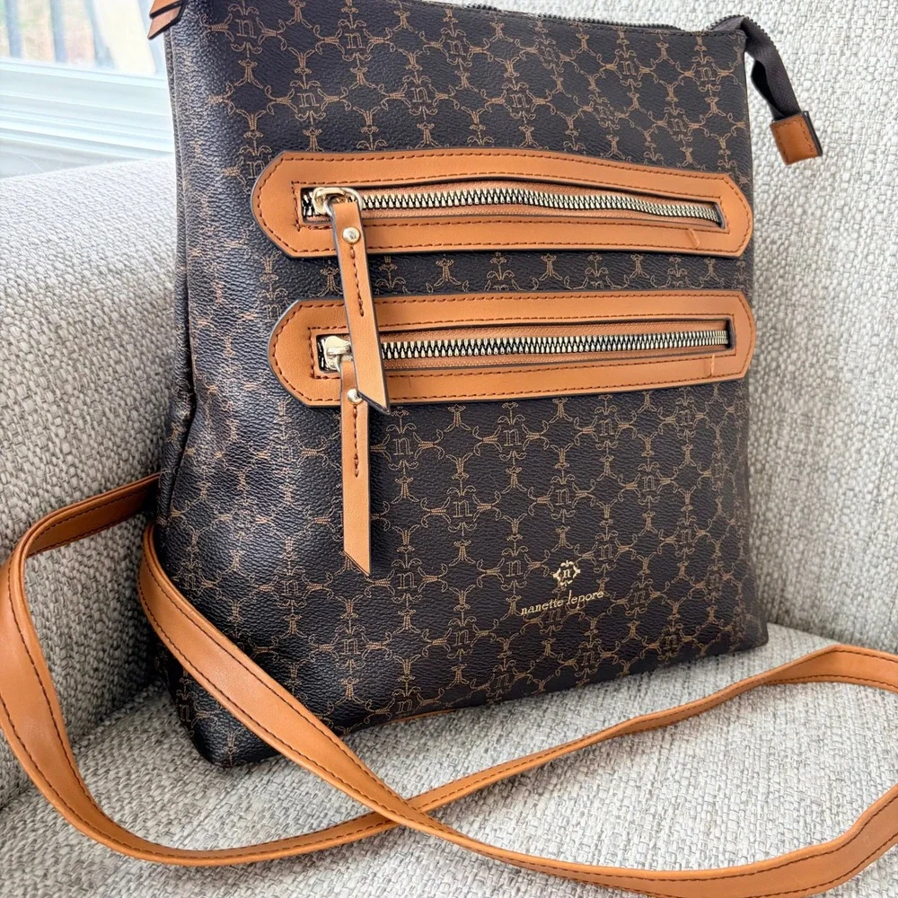 Nanette Lepore Convertible‎ Backpack Crossbody Large Brown Monogram Tan Trim Bag